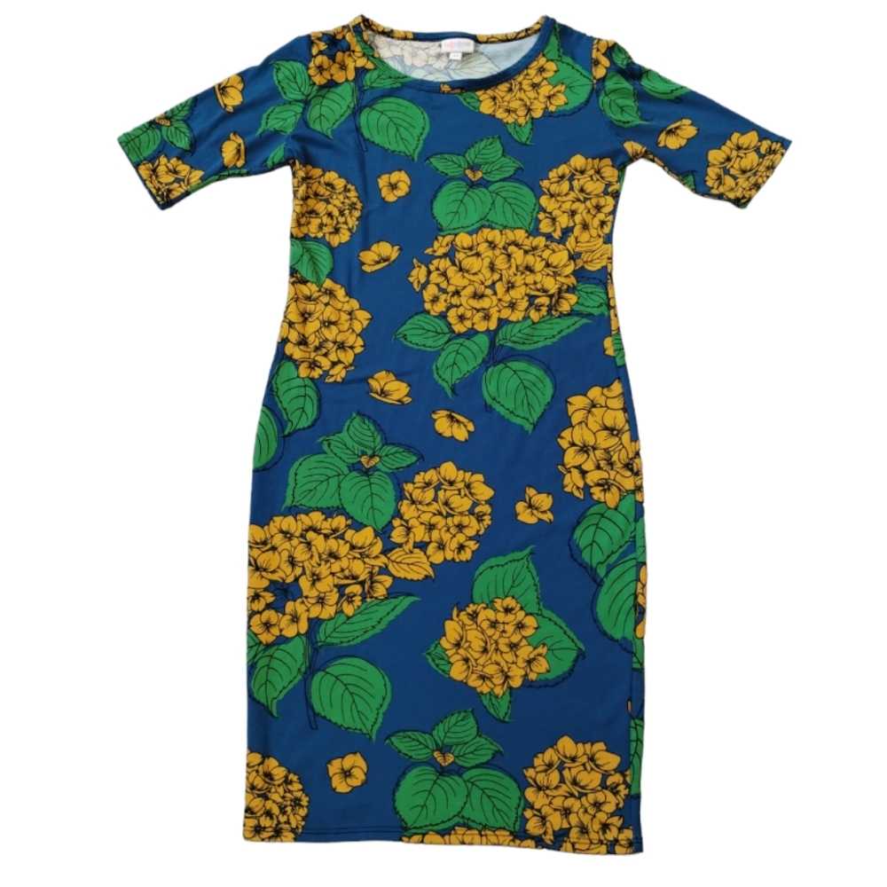 -LULAROE Round Neck Short Sleeve Blue Floral Print T-Shirt Dress Women's Size XS